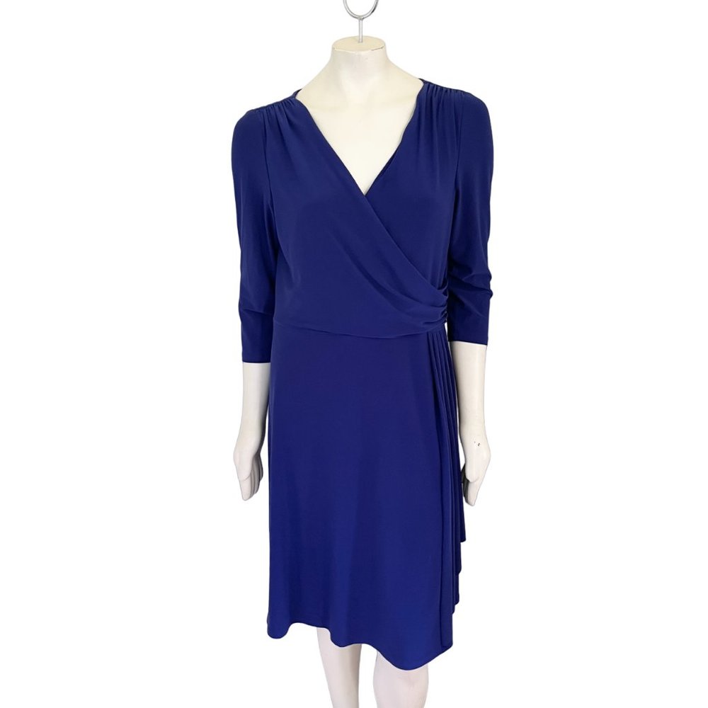 RALPH LAUREN Faux Wrap Dress in Indigo Purple 3/4 sleeve Stretchy SZ 16